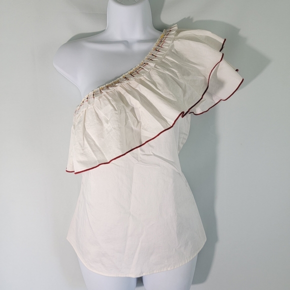 Parker Tops - Parker White One Shoulder Layered Ruffled Sleeve Embroidered Trim Top Size Small